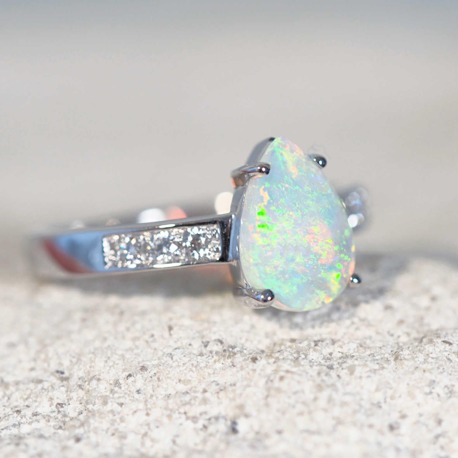 crystal opal ring in white gold