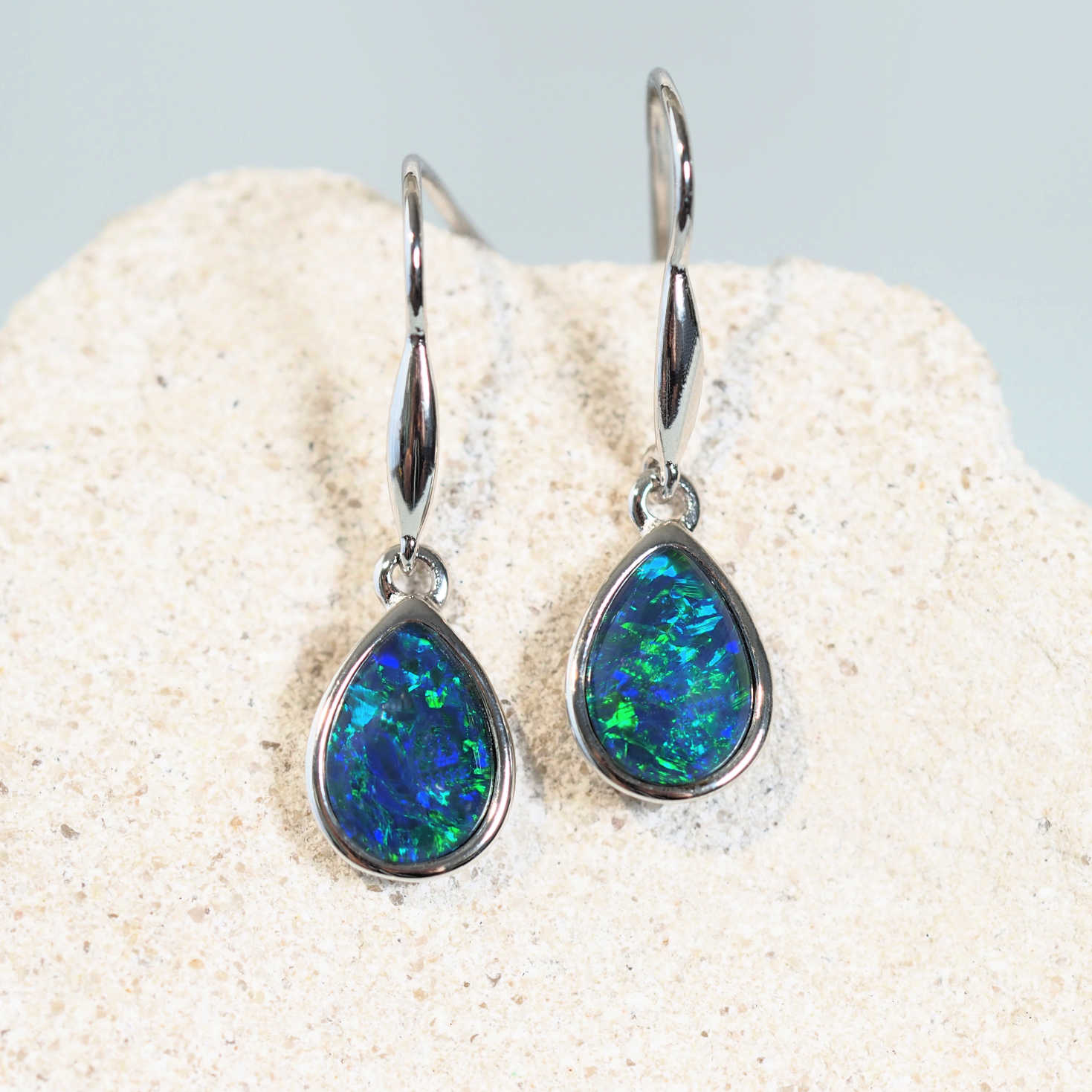 blue and green drop opal silver earrings