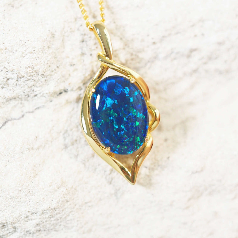 blue and green opal pendant set in gold plated silver