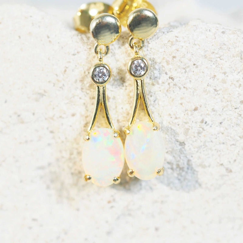 colourful opal earrings in gold plated silver drops