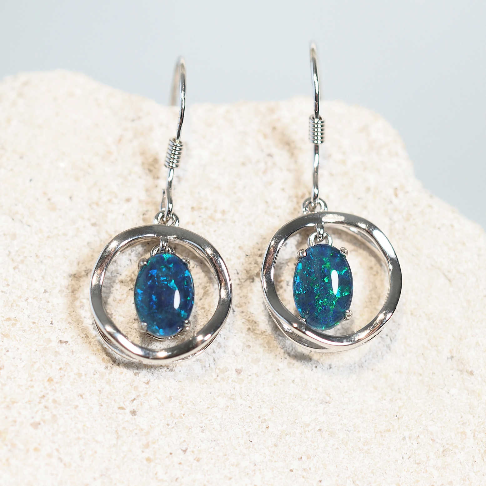 green and blue opal earrings in sterling silver