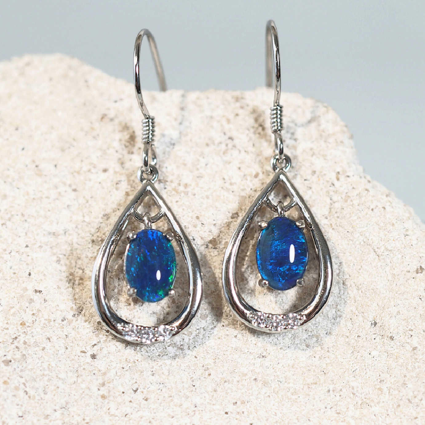 blue opal drop earrings in sterling silver with diamantes