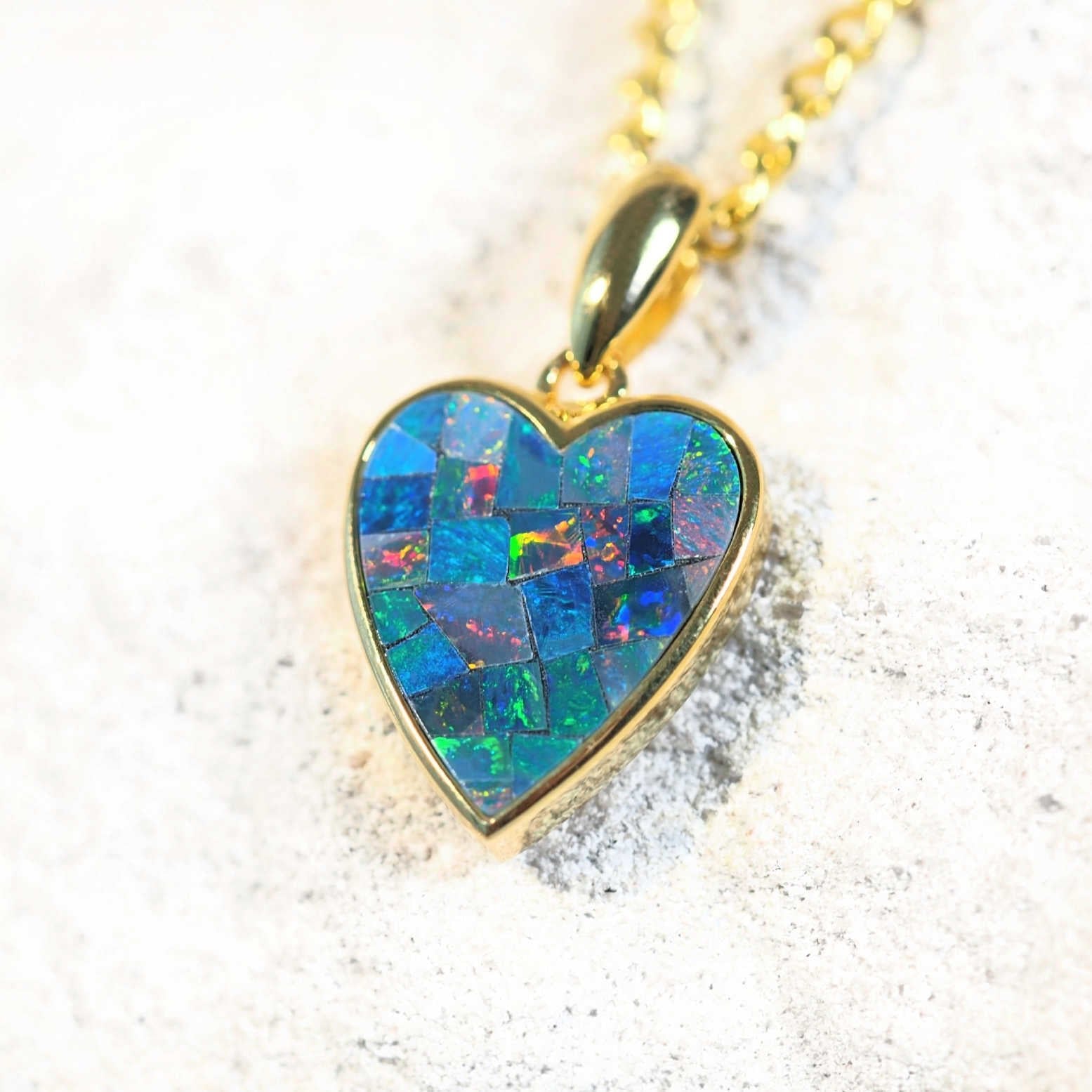 colourful mosaic heart pendant set in gold plated silver