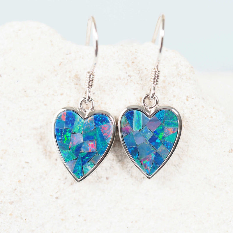 'Mosaic Heart' Silver Doublet Opal Earrings