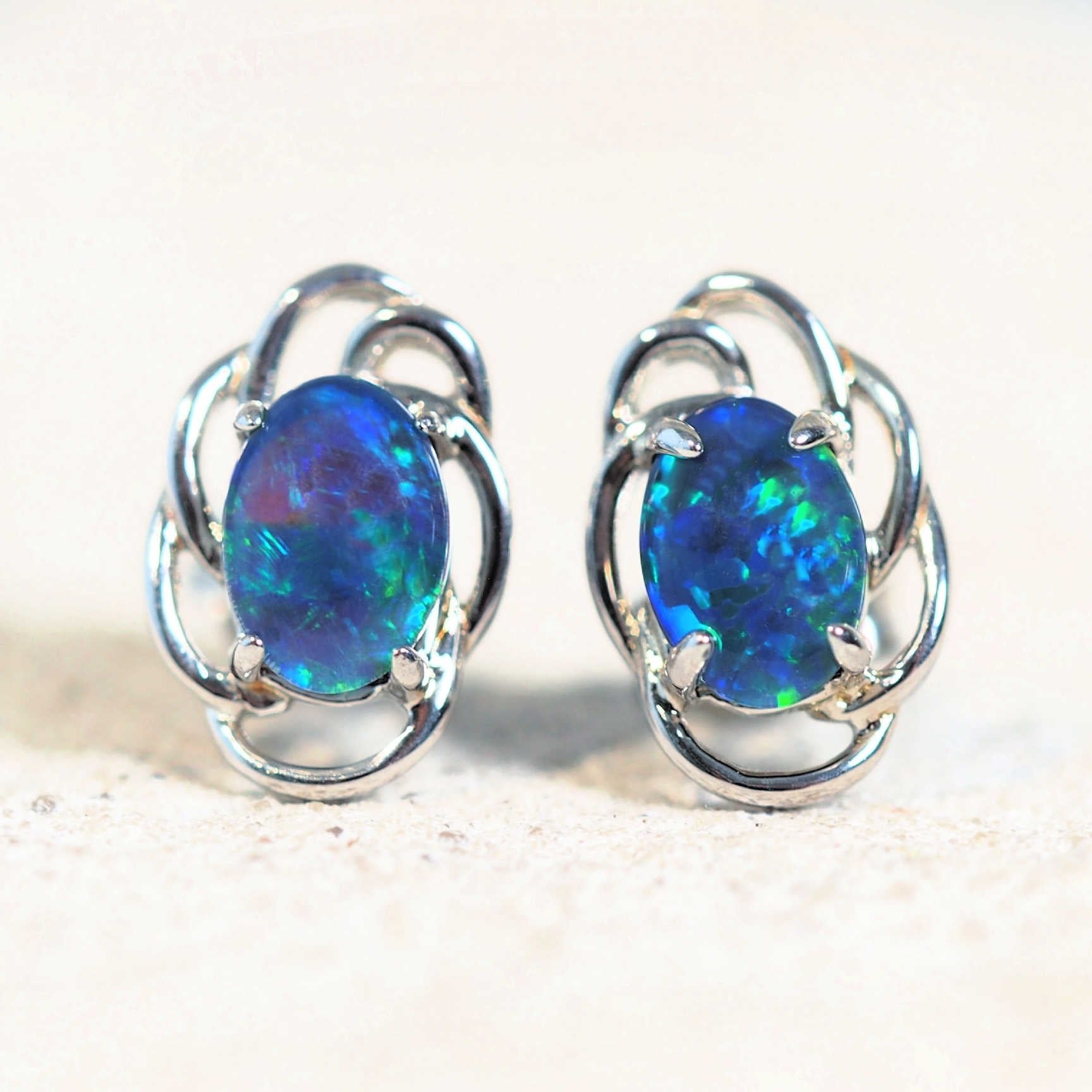 blue and green triplet opal earrings in silver