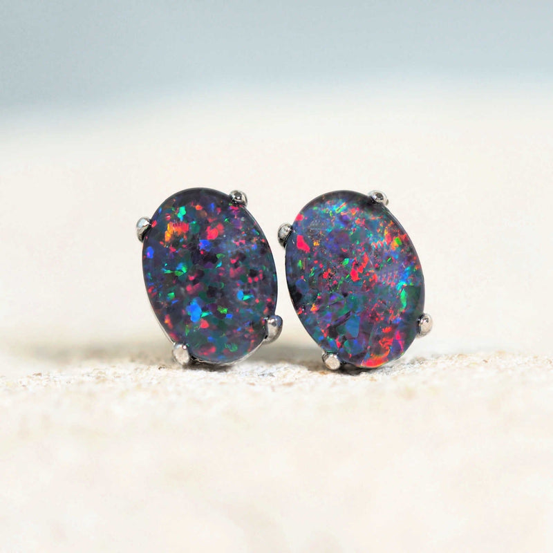 colourful oval triplet australian opal earrings