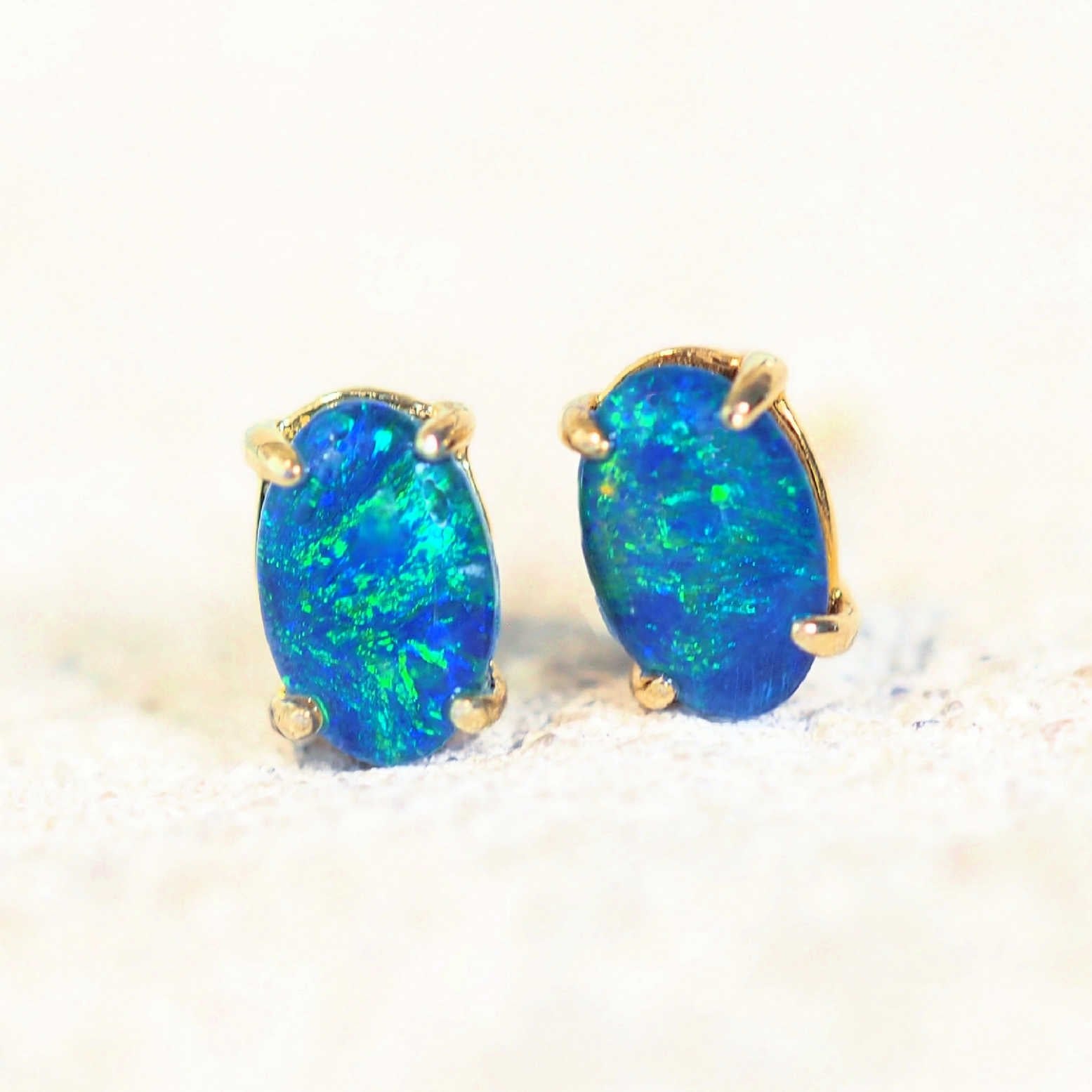 blue and green triplet opal earrings