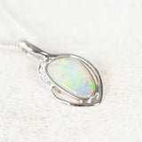 Beautiful Ophelia opal pendant with a green South Australian opal, bezel set in white gold with four sparkling white diamonds