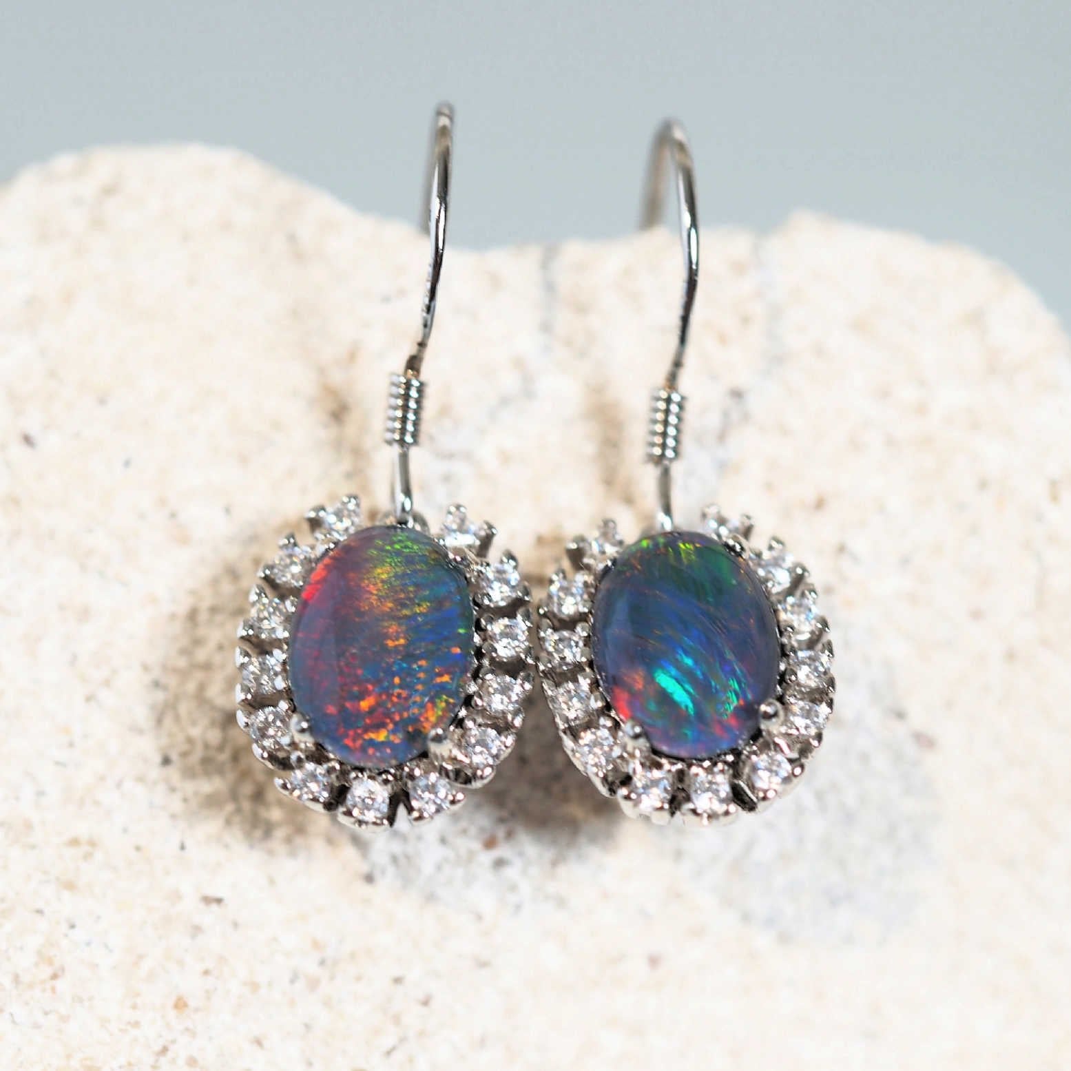 colourful opal earrings in silver with diamantes