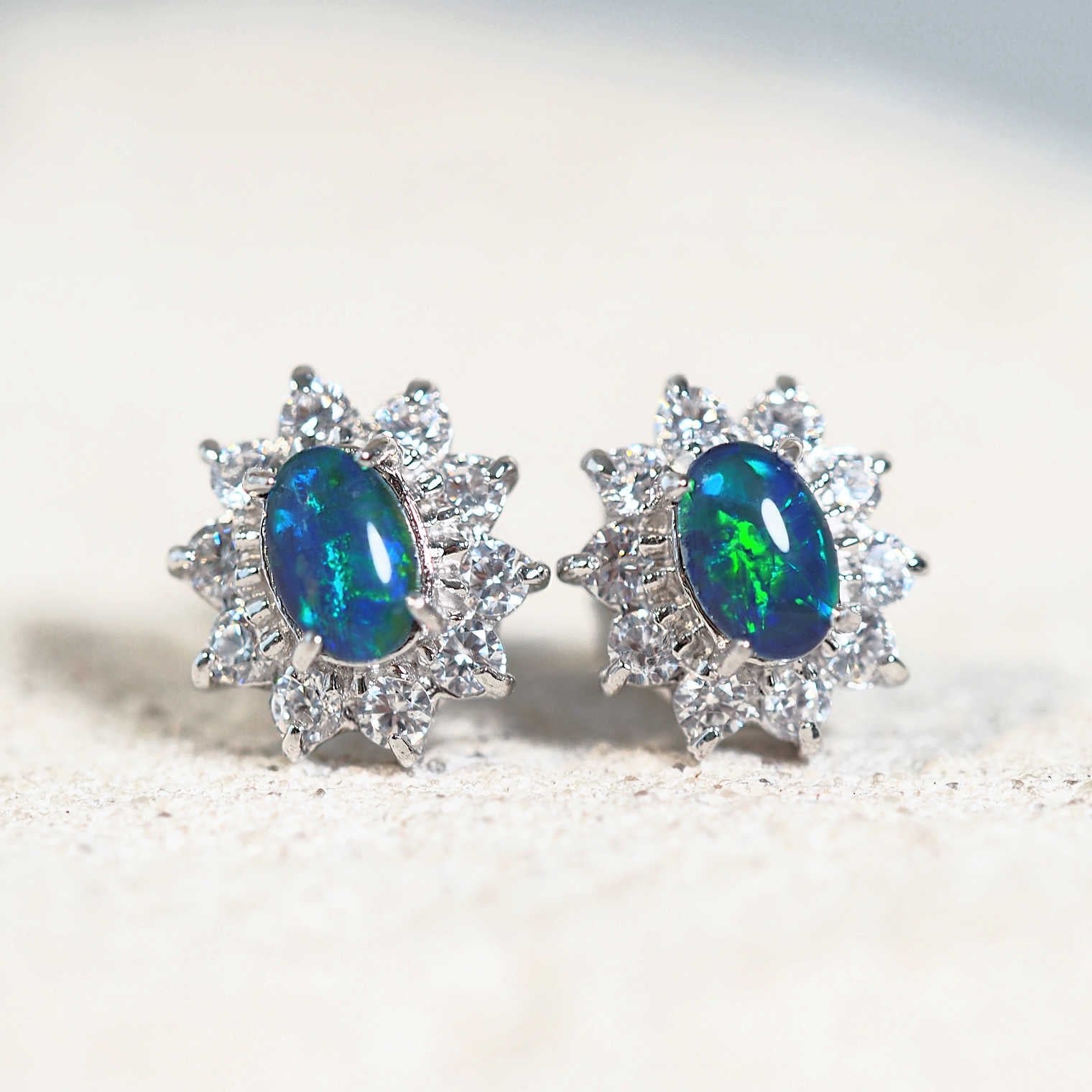 blue and green princess design opal stud earrings