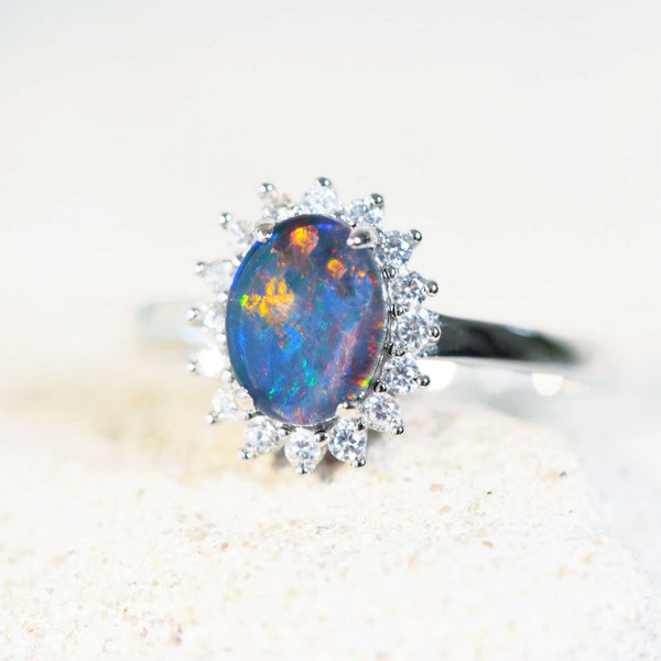 colourful princess design opal ring with 16 diamantes