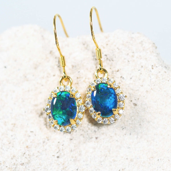 drop opal earrings set with blue opals and 36 diamantes