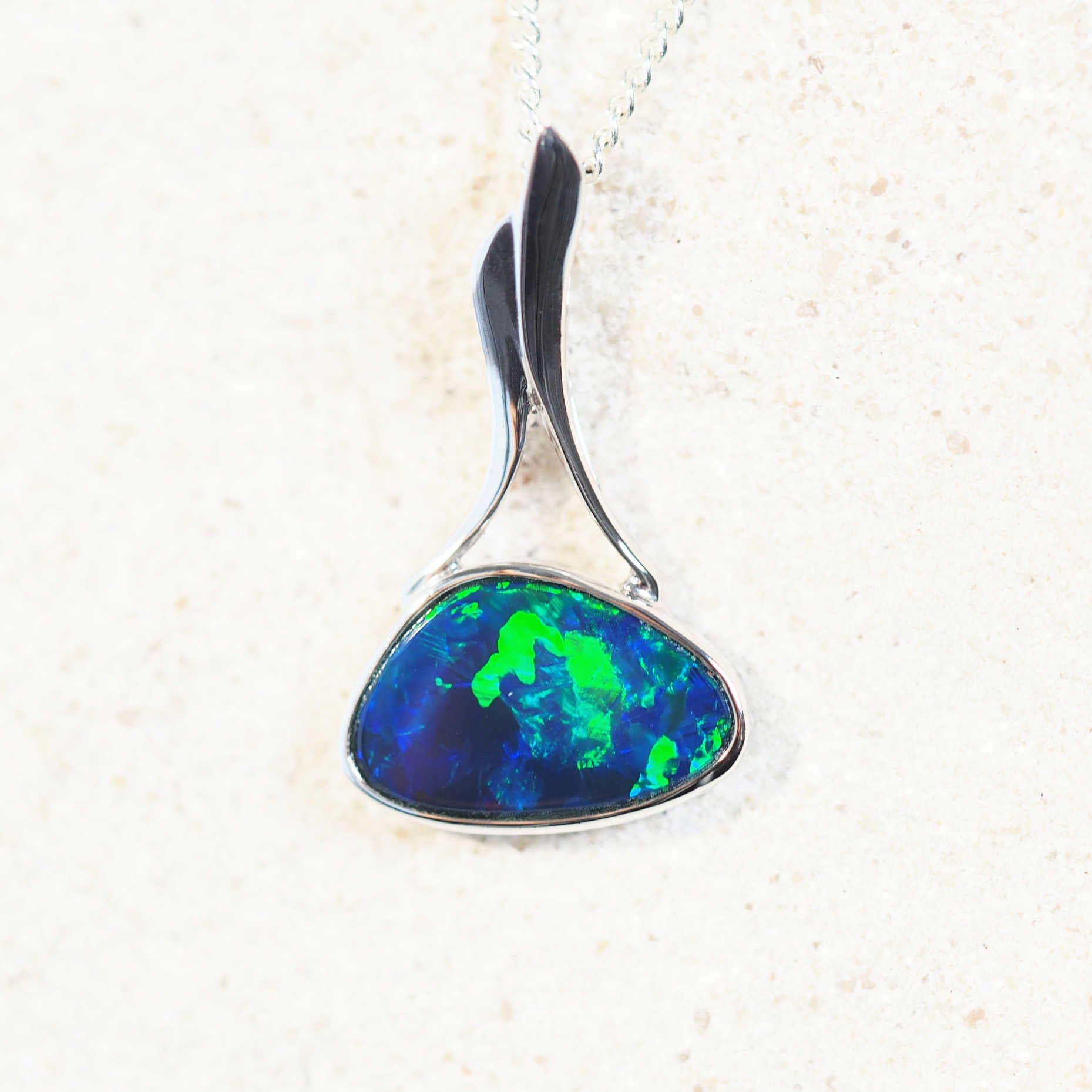 green and blue australian doublet opal pendant 14ct white gold