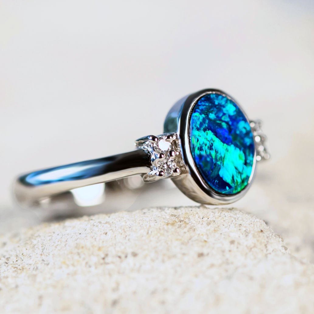 Blue and green Australian Doublet Opal white gold Ring 