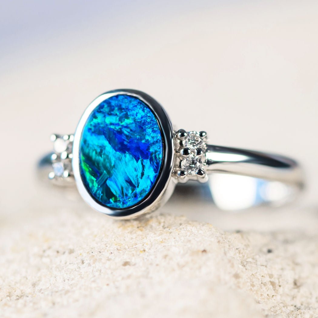 'Ada' White Gold Australian Doublet Opal Ring - Black Star Opal