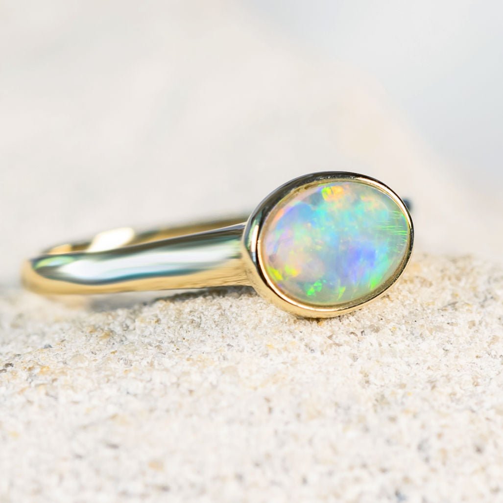 'Adalyn' Gold Australian Crystal Opal Ring - Black Star Opal