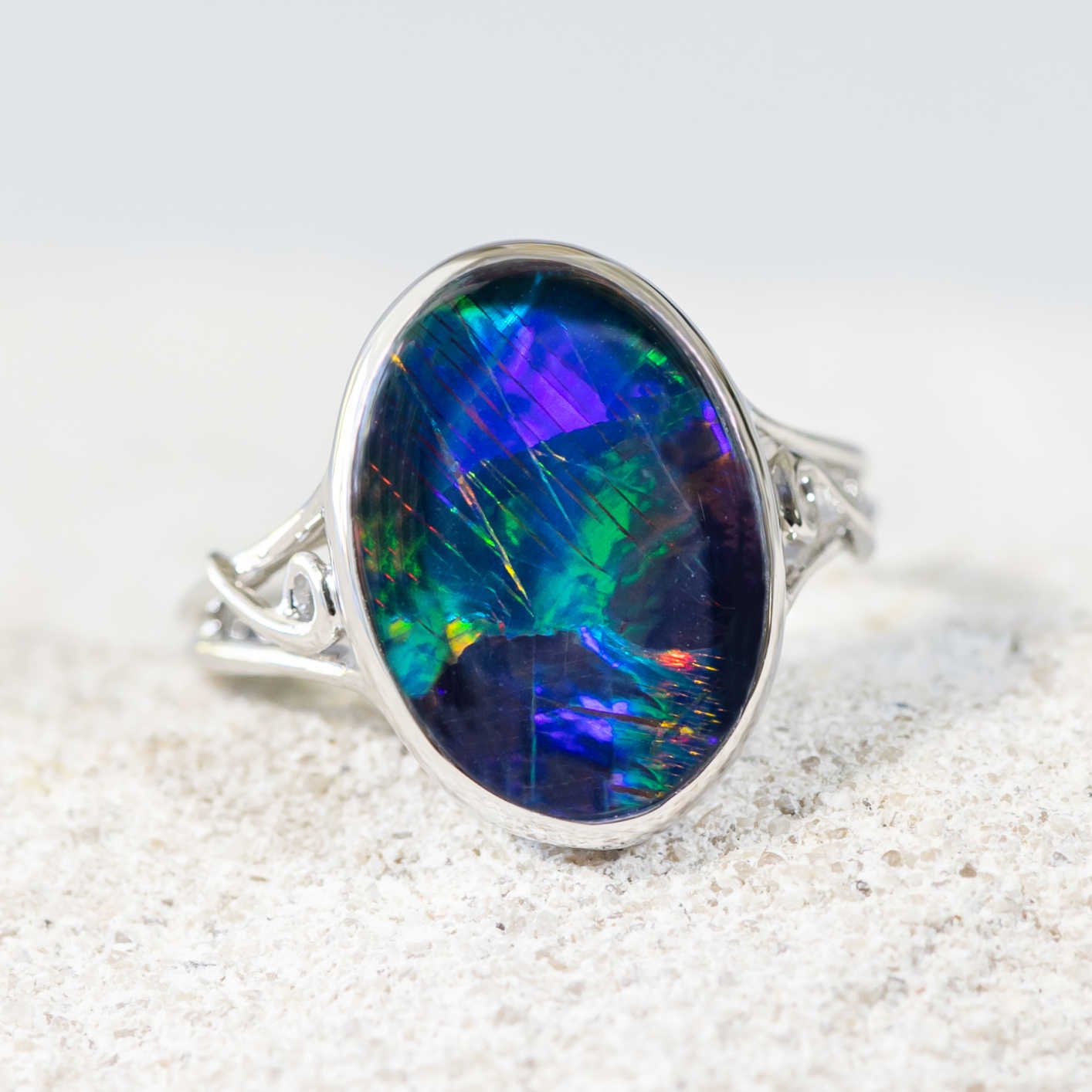 'Adele' White Gold Australian Triplet Opal Ring - Black Star Opal