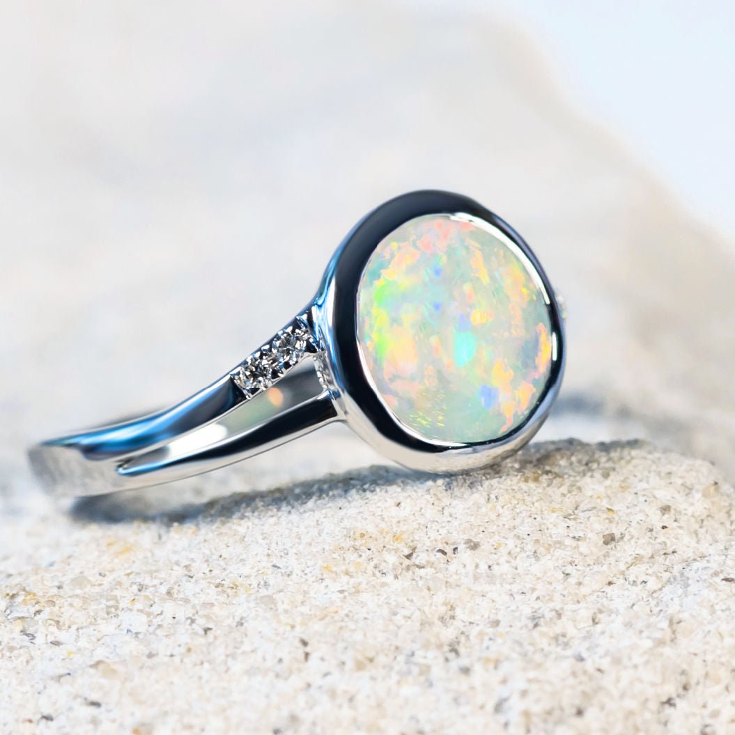 'Adriana' White Gold Australian White Opal Ring - Black Star Opal