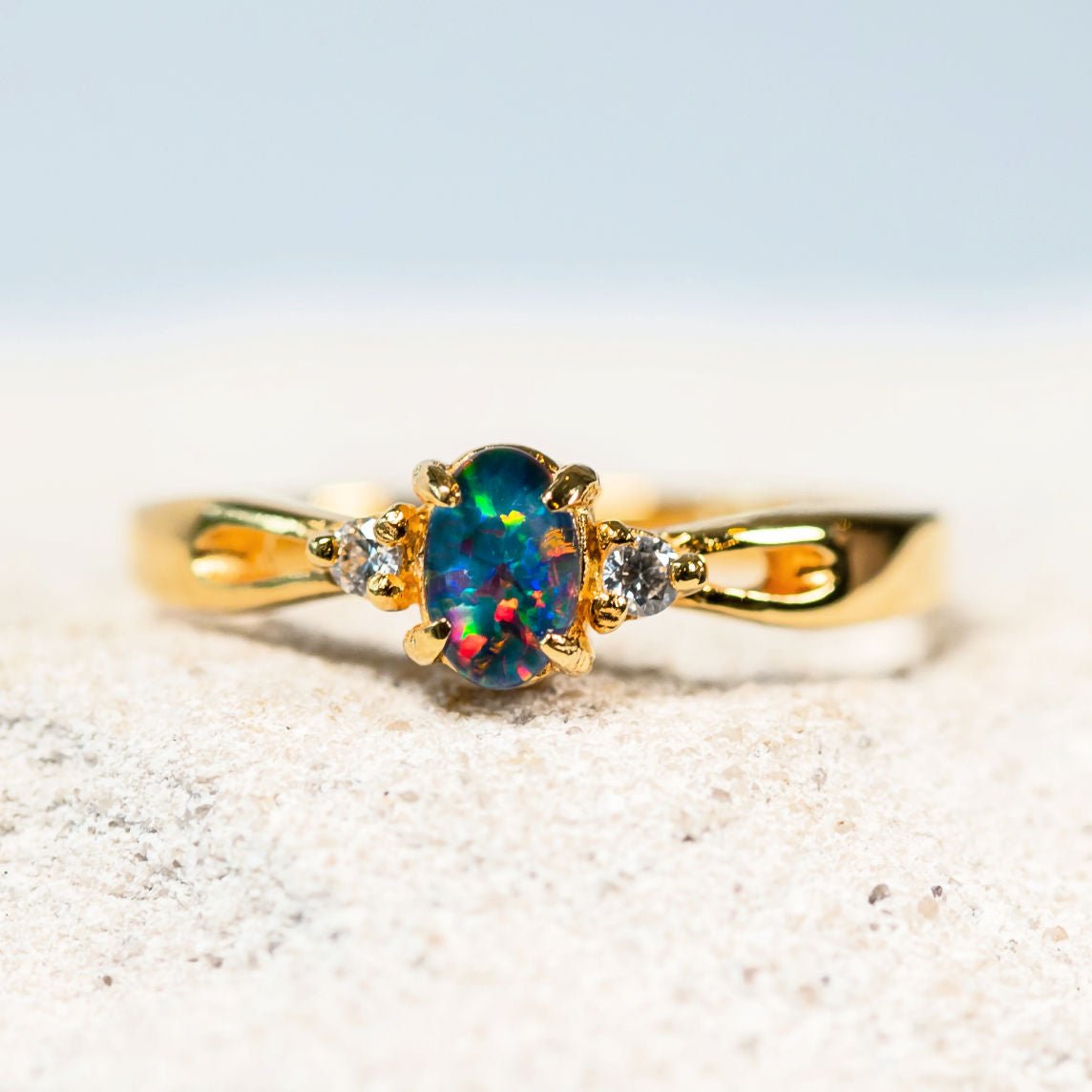 'Alana' Gold Plated Silver Australian Triplet Opal Ring - Black Star Opal