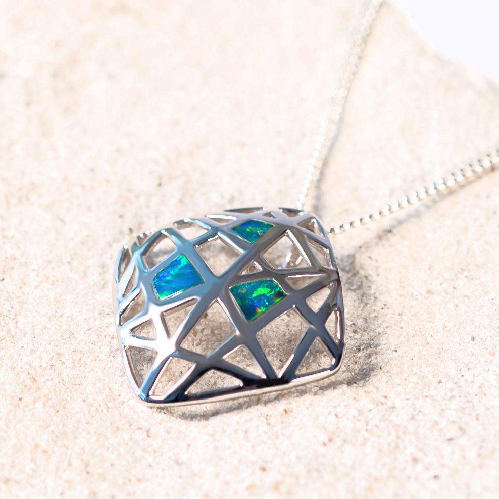 unique cage geometric doublet opal silver necklace