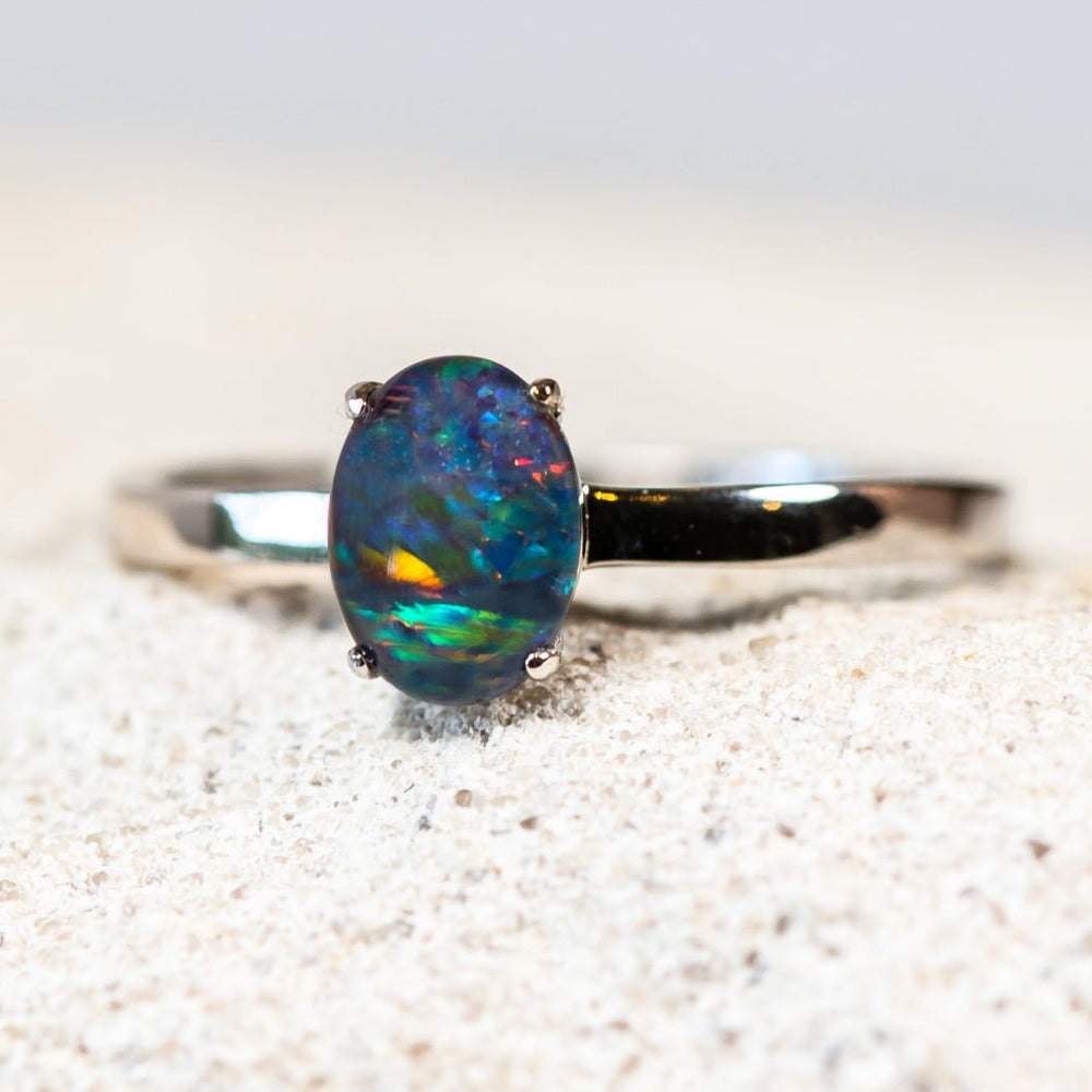 Mini tiny Australian Opal ring freeform sold natural opal triplet with flashes of colors set on a solid 925e sterling silver quality opals