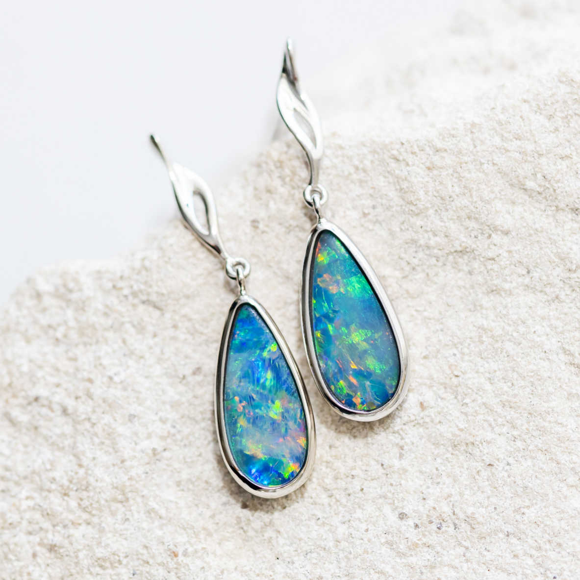 'Blaze' White Gold Australian Doublet Opal Earrings - Black Star Opal