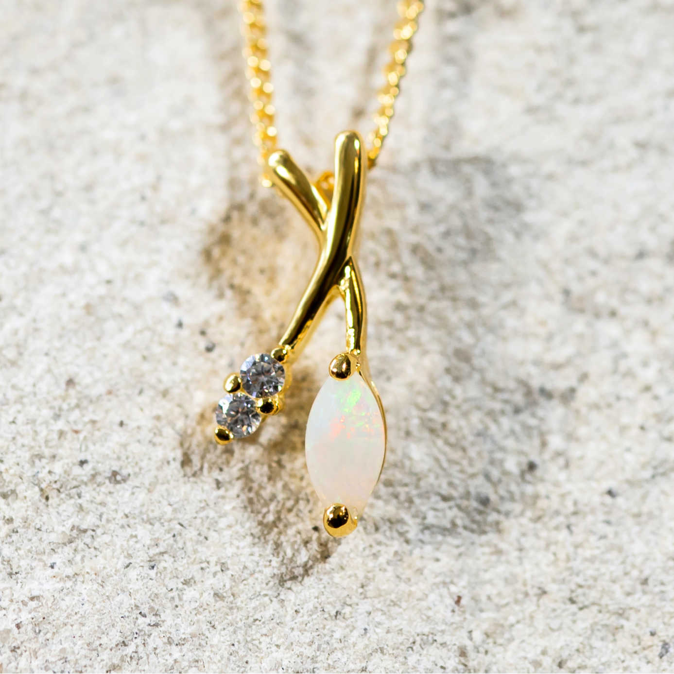 'Callie' Gold Plated Silver Australian White Opal Necklace Pendant - Black Star Opal