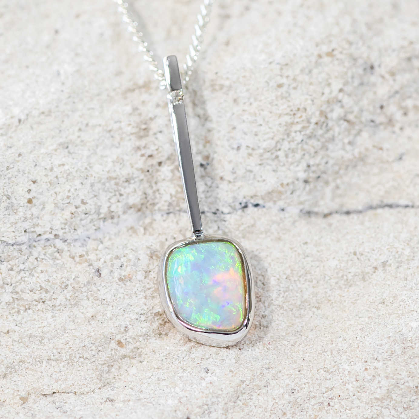 'Ciara' White Gold Australian Crystal Opal Necklace Pendant - Black Star Opal