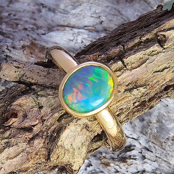 'Clio' Gold Australian Semi-Black Opal Ring - Black Star Opal