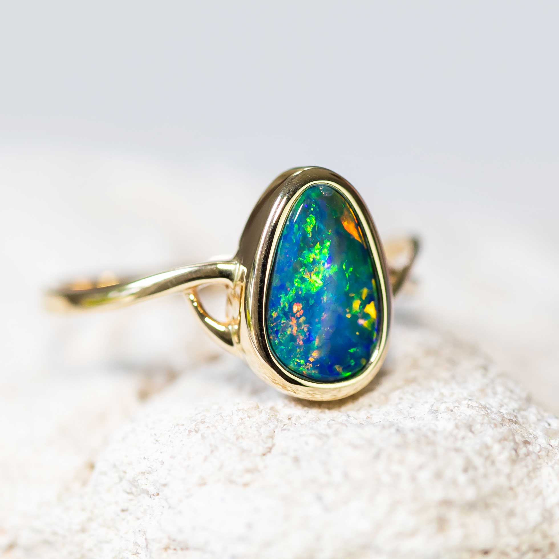 'Colour Twist' Gold Australian Doublet Opal Ring - Black Star Opal