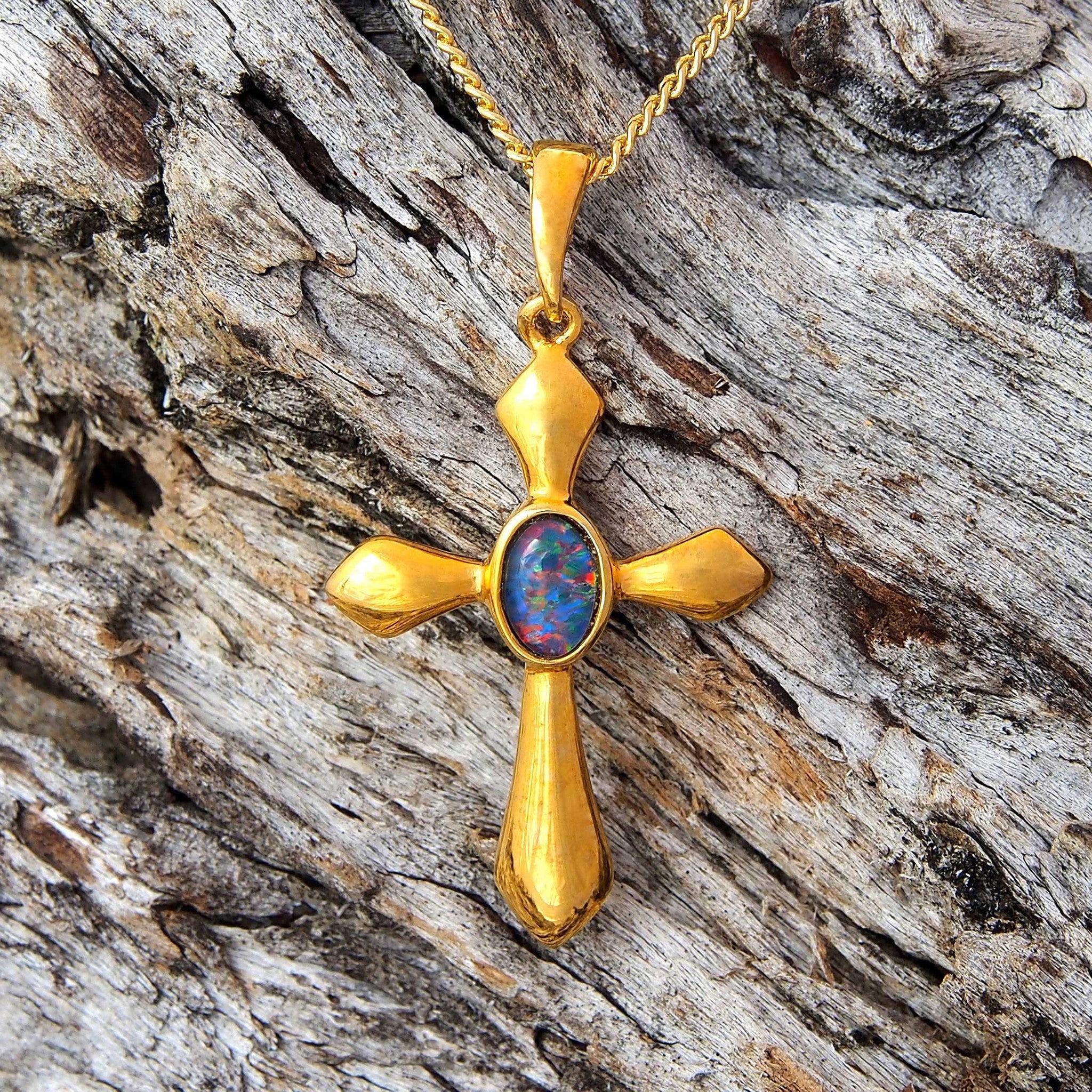 'Cross Deux' Gold Plated Silver Australian Triplet Opal Necklace Pendant - Black Star Opal