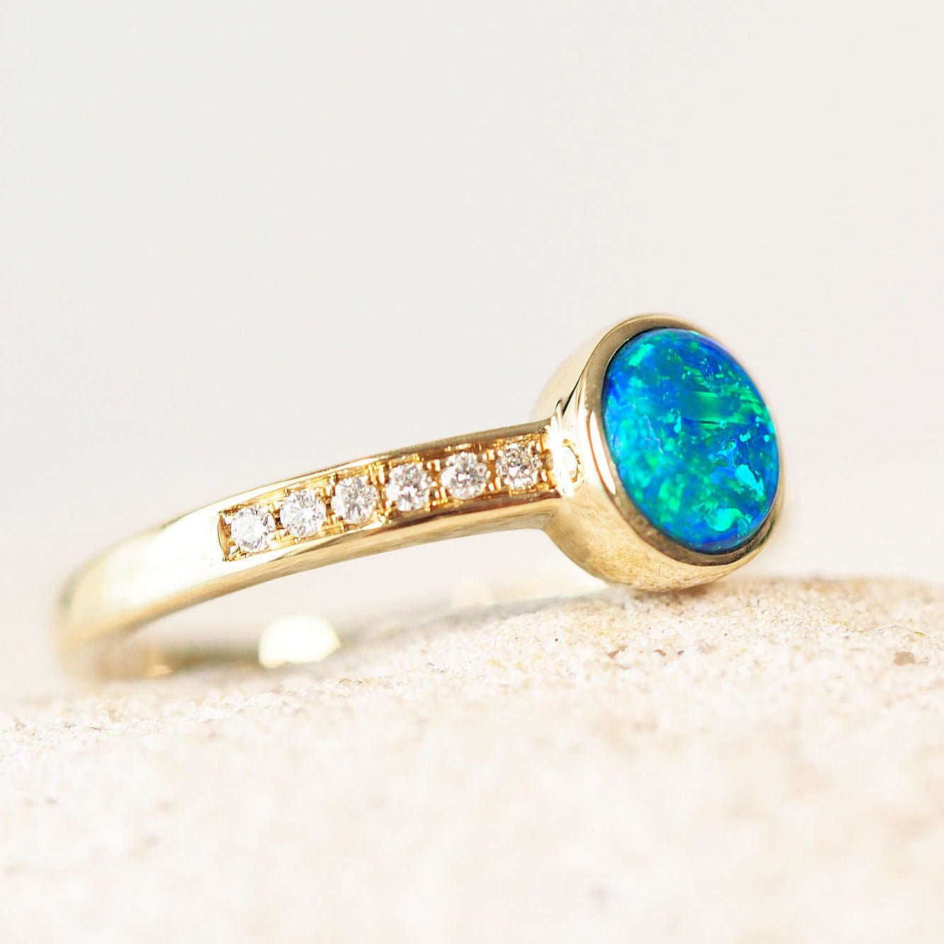 gold doublet opal ring with diamonds