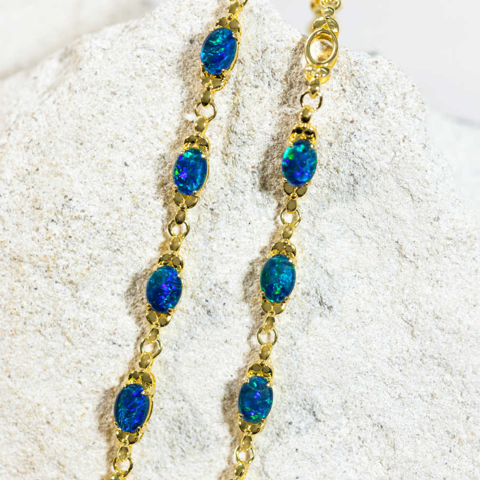 'Daisy Chain' Gold Plated Silver Australian Triplet Opal Bracelet - Black Star Opal