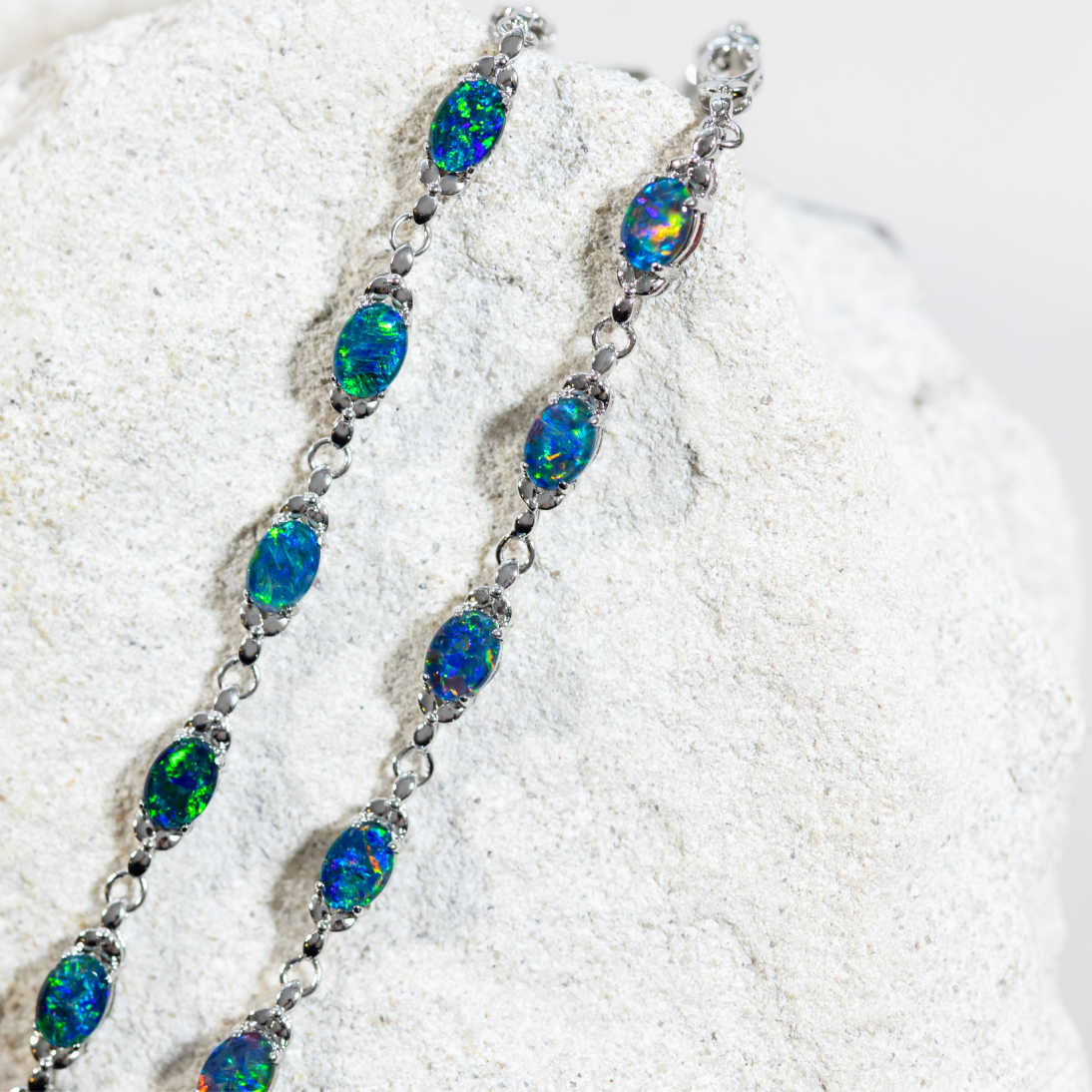 'Daisy Chain' Silver Australian Triplet Opal Bracelet - Black Star Opal