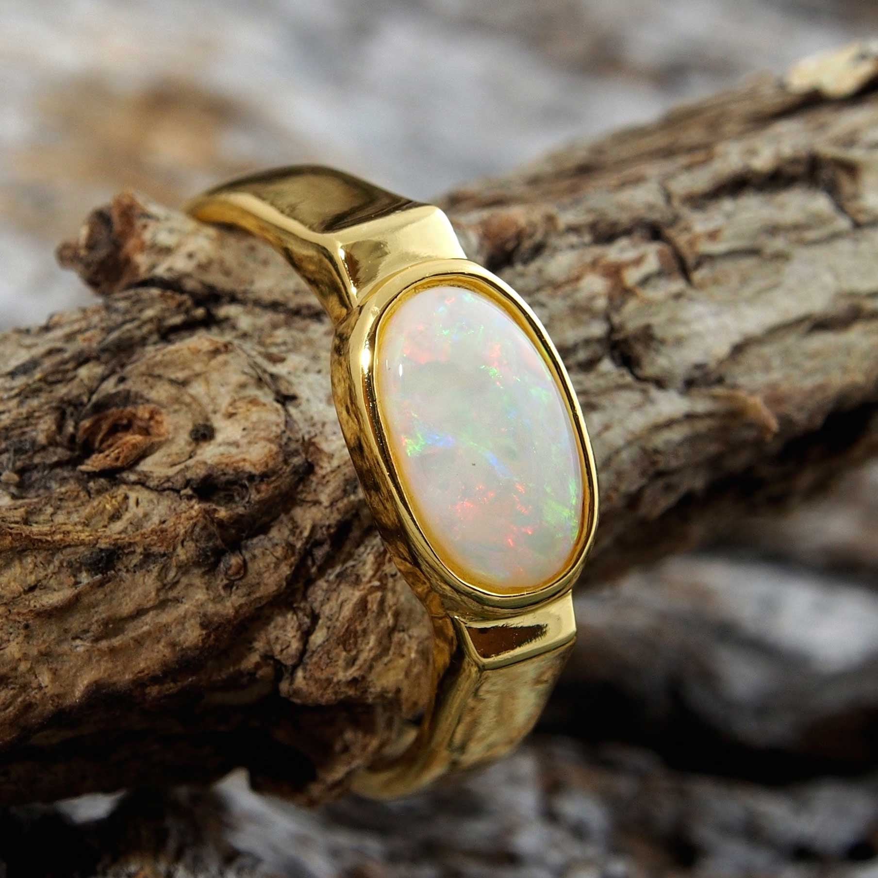 'Derya' Gold Plated Silver Australian White Opal Ring - Black Star Opal