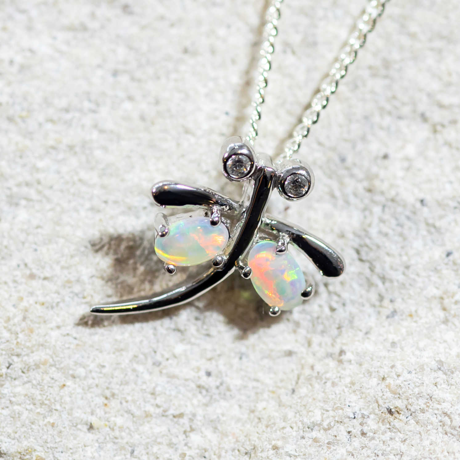 'Dragonfly' Silver Australian Crystal Opal Necklace Pendant - Black Star Opal