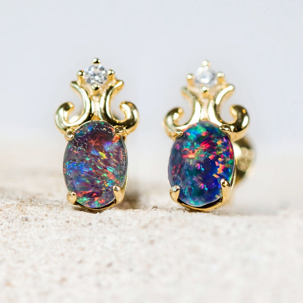 'Fleur-De-Lis' Gold Plated Silver Australian Triplet Opal Earrings - Black Star Opal