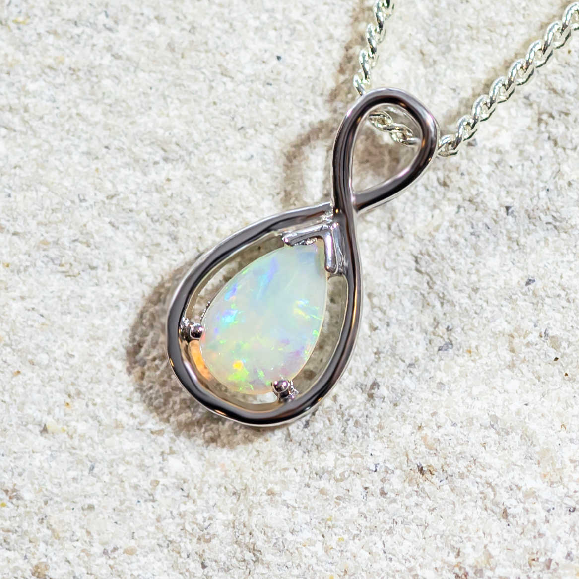 'Infinity' Silver Australian Crystal Opal Necklace Pendant - Black Star Opal