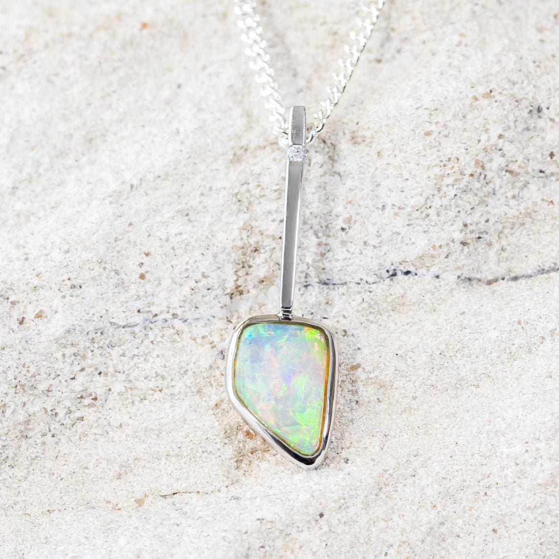 'Janan' White Gold Australian Crystal Opal Necklace Pendant - Black Star Opal