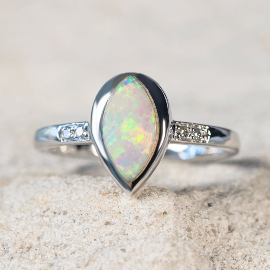 'Juliana' White Gold Australian Crystal Opal Ring - Black Star Opal