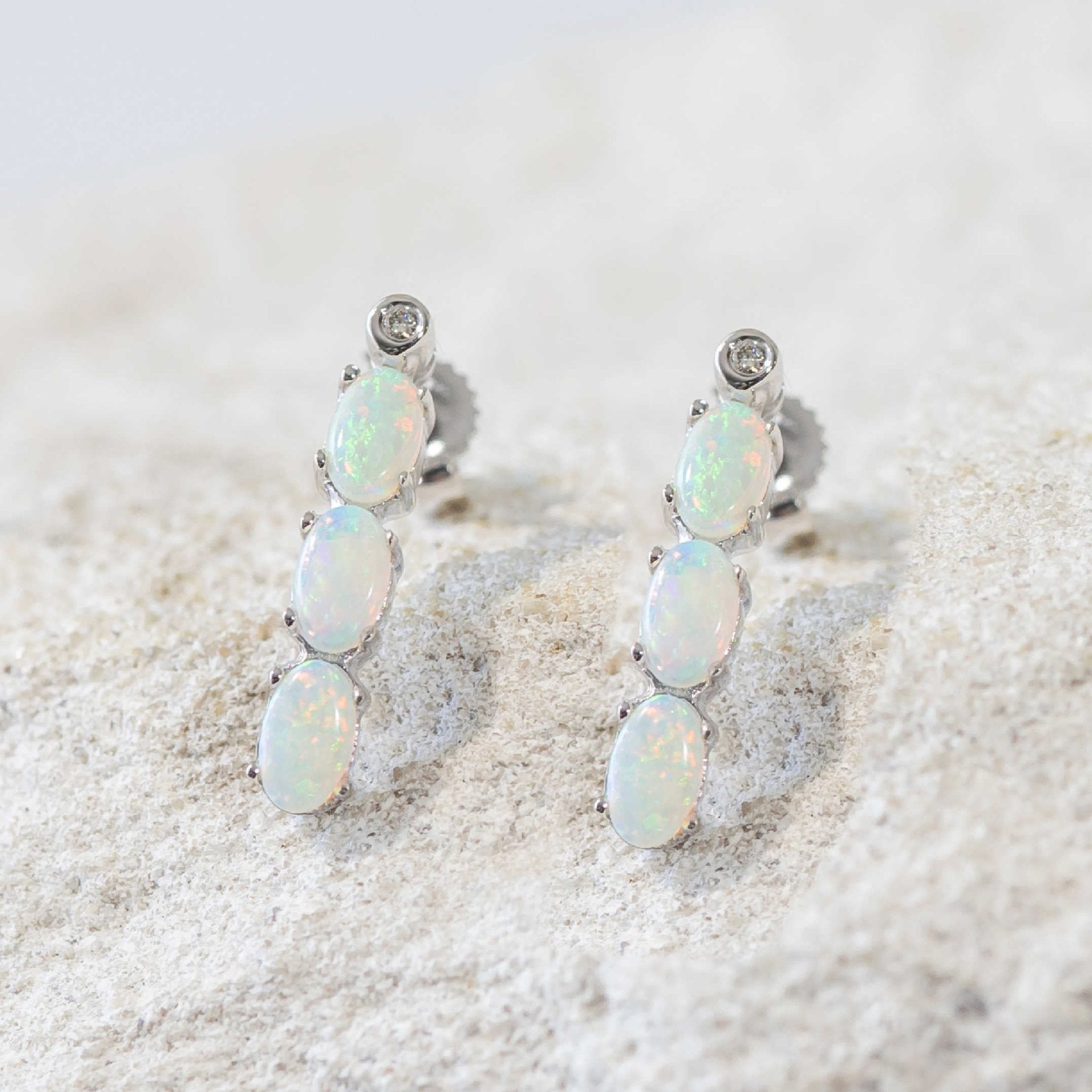 'Khloe' White Gold Australian Crystal Opal Earrings - Black Star Opal