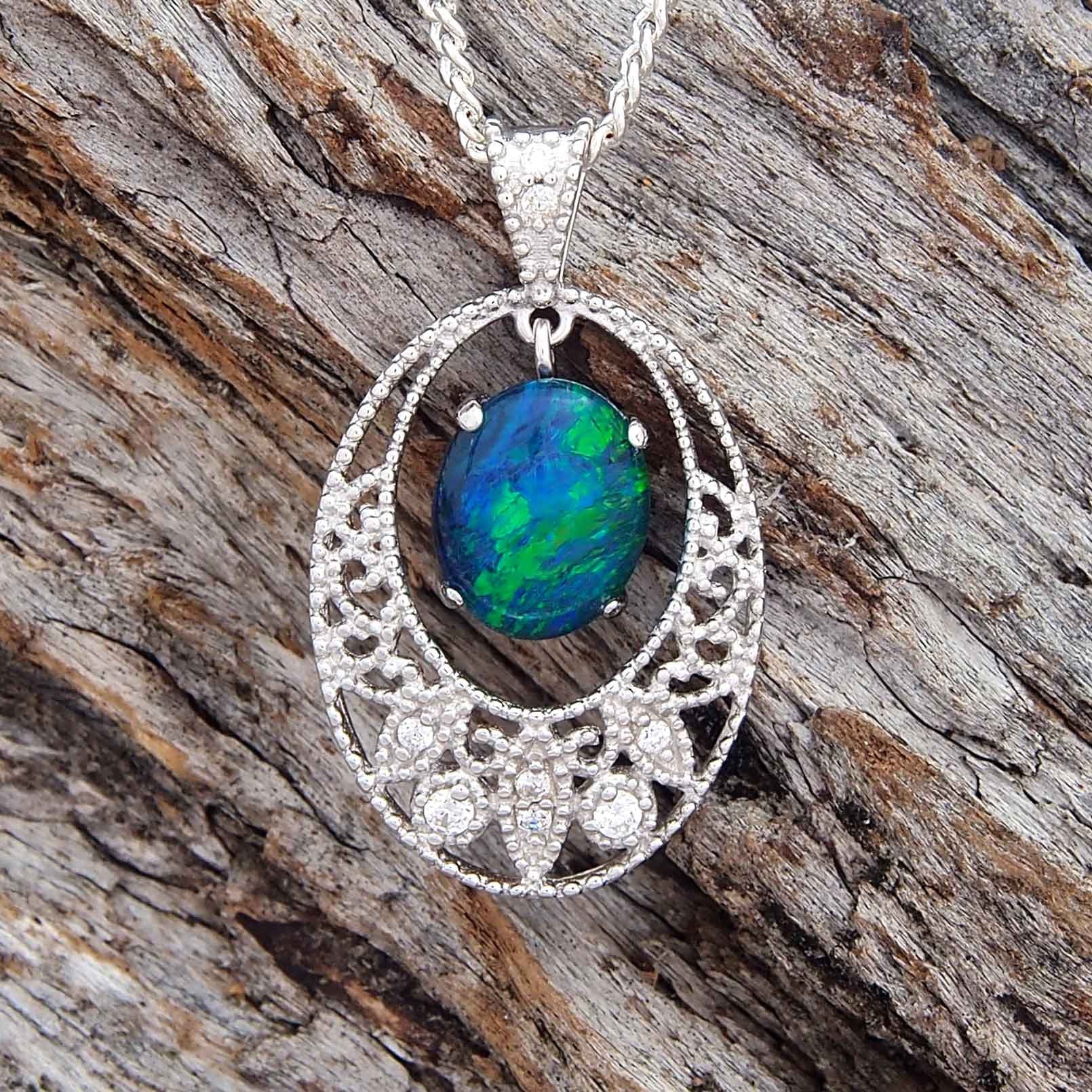 'Lace' Silver Australian Triplet Opal Necklace Pendant - Black Star Opal