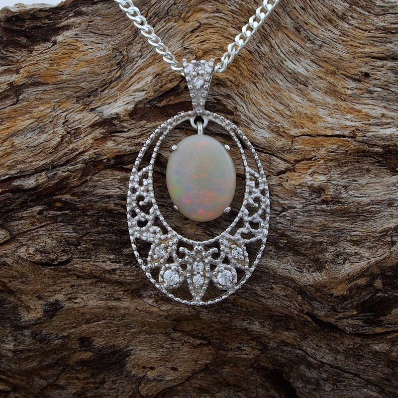 'Lace' Silver Australian White Opal Necklace Pendant - Black Star Opal