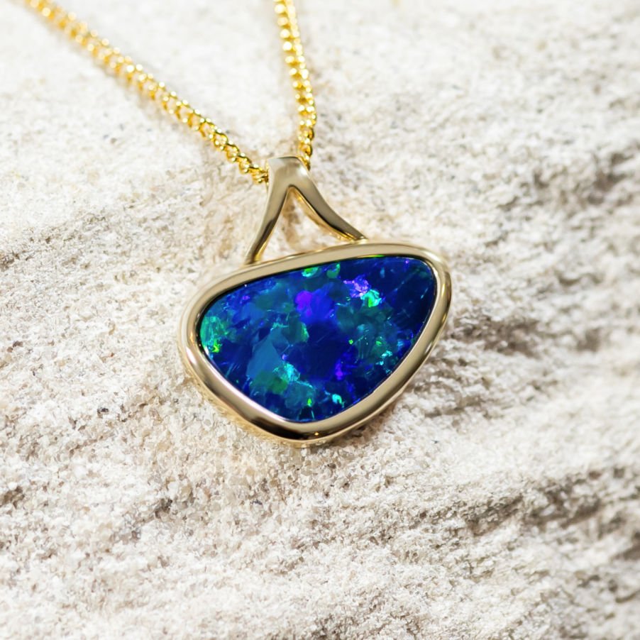 'Laki' Gold Australian Doublet Opal Necklace Pendant - Black Star Opal