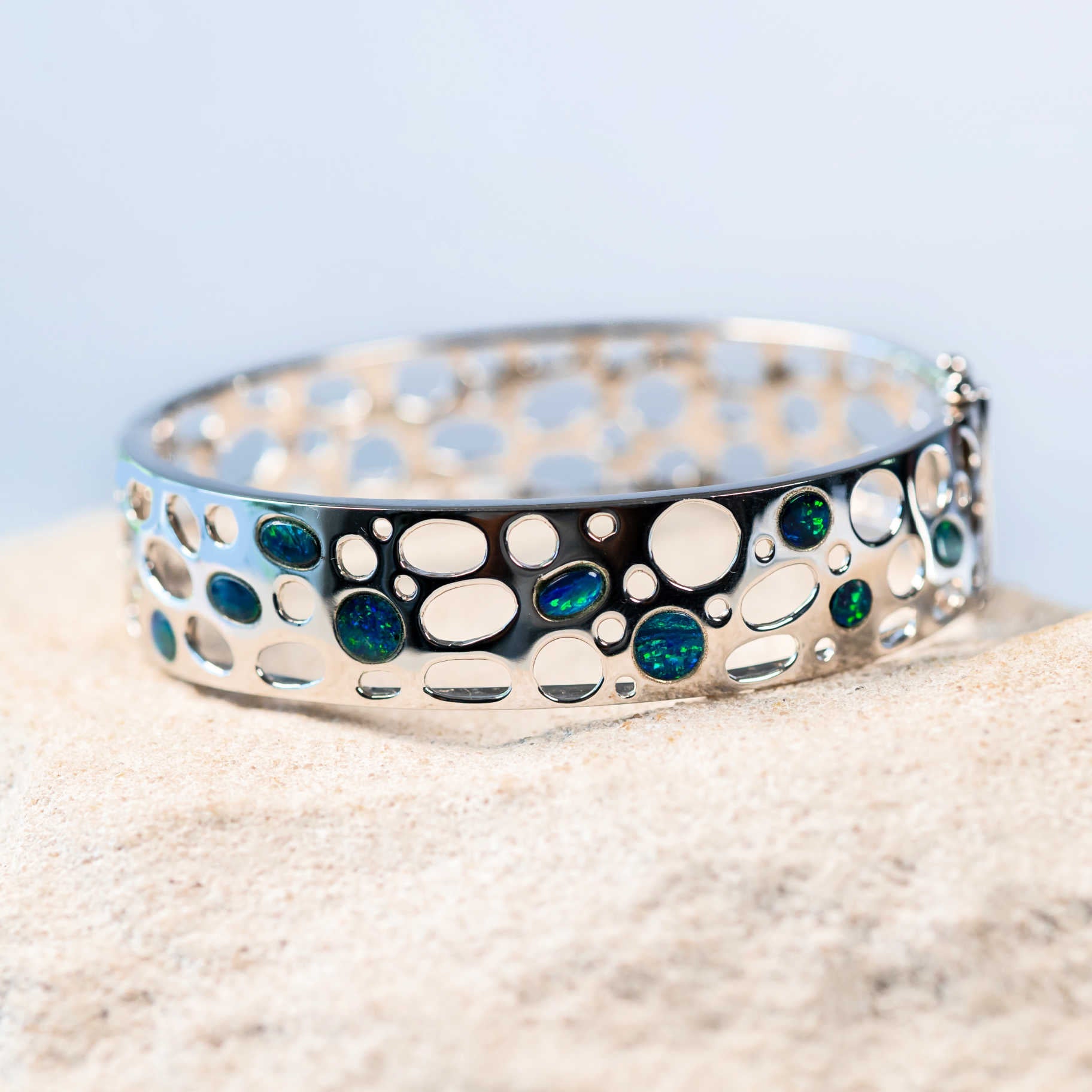 blue and green Australian doublet opal flat silver bangle