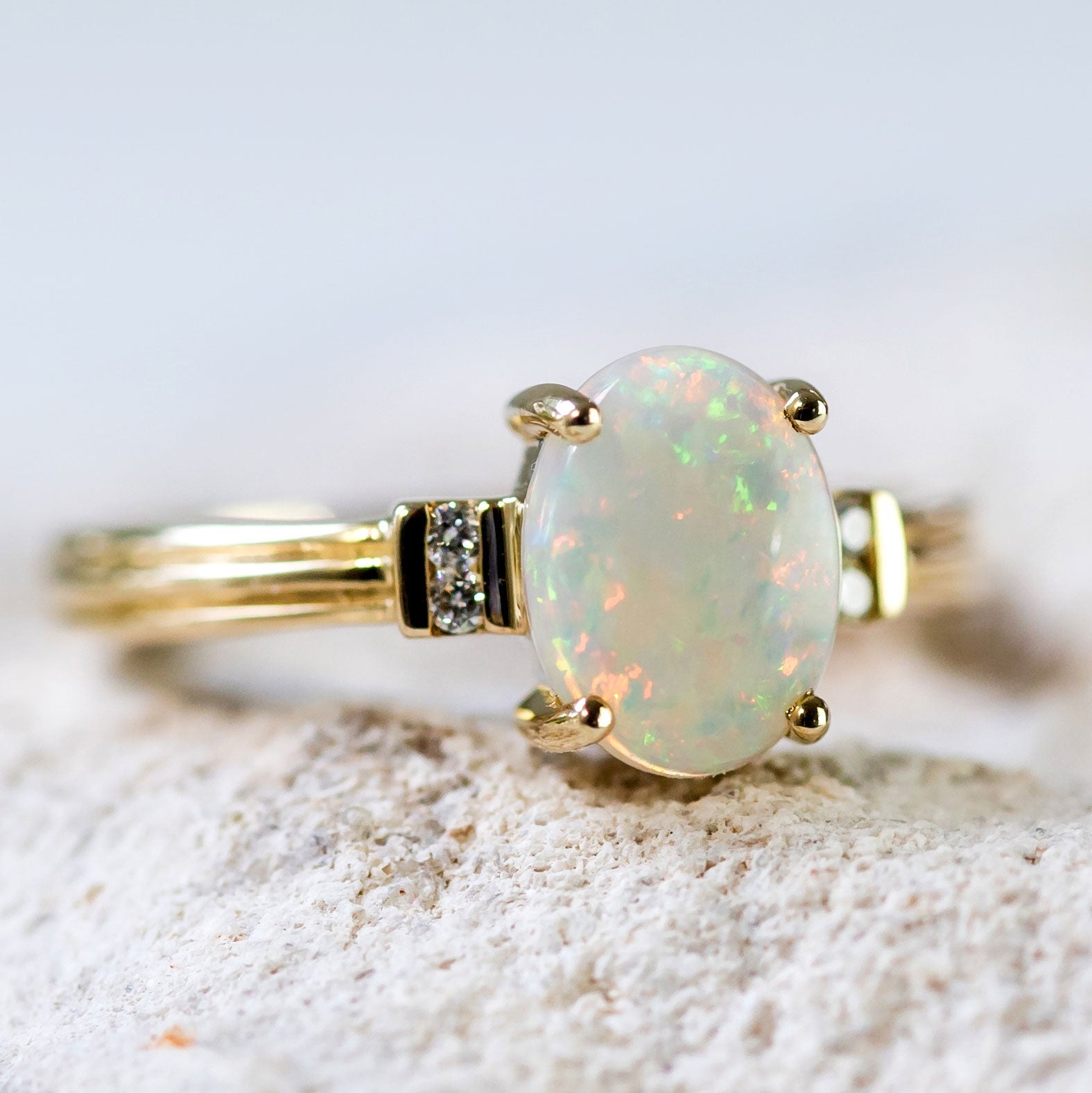 'Lauren' Gold Australian White Opal Ring - Black Star Opal