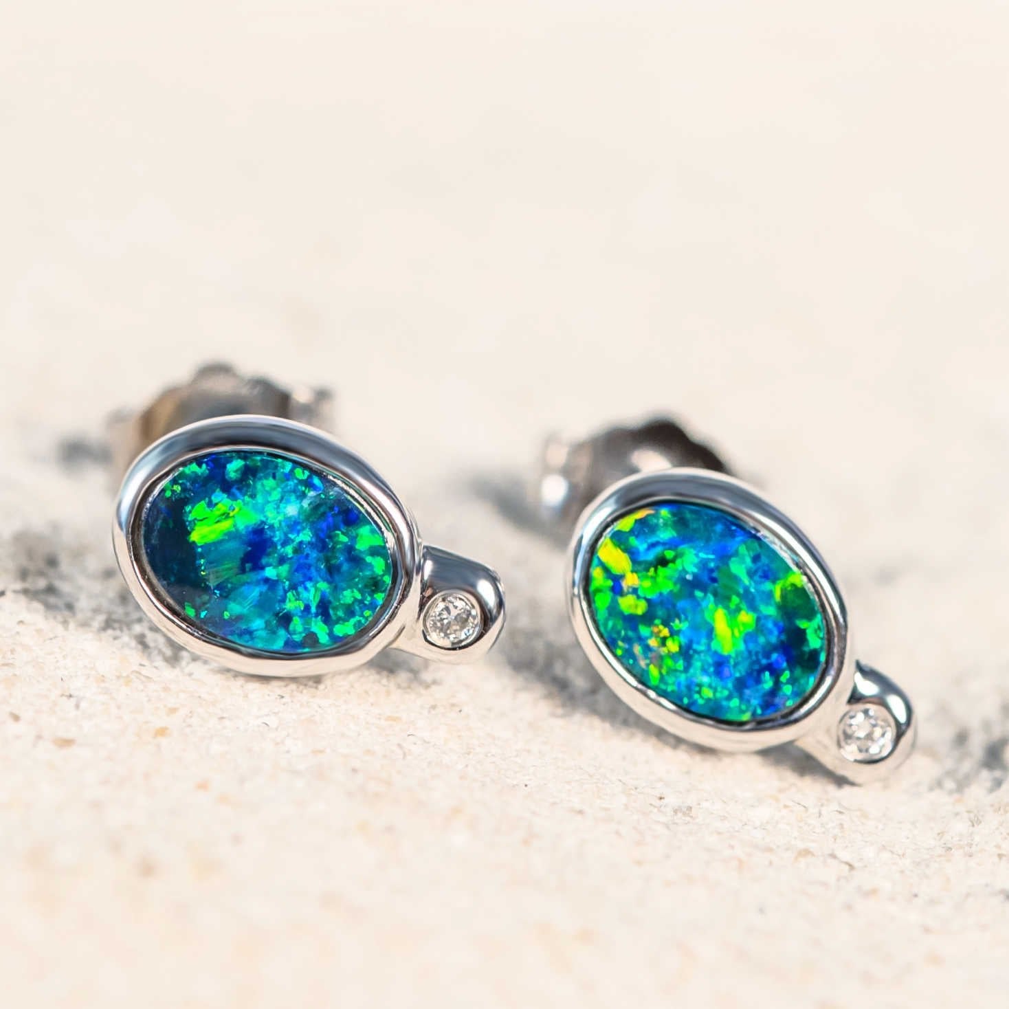 'Lena' White Gold Australian Doublet Opal Earrings - Black Star Opal