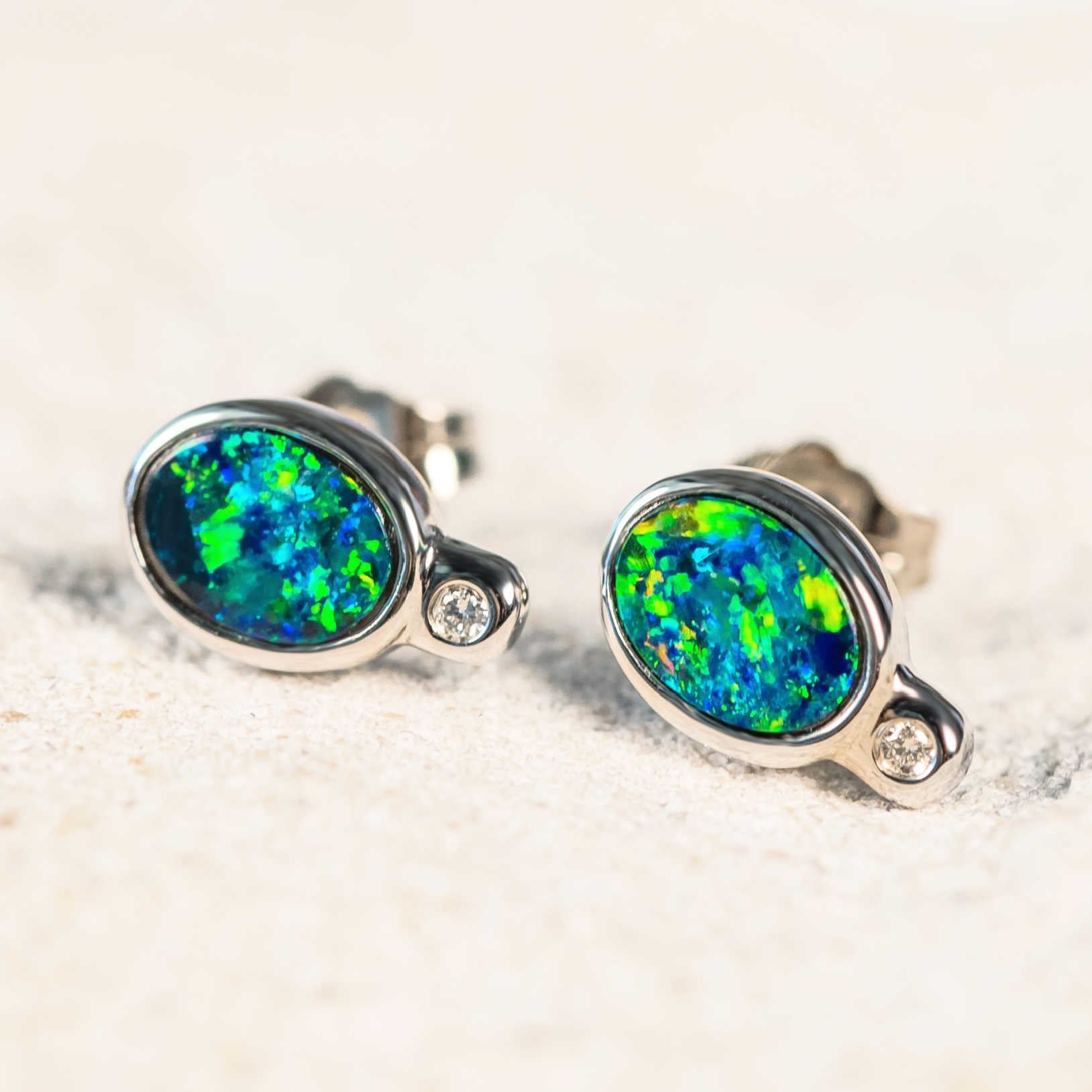 'Lena' White Gold Australian Doublet Opal Earrings - Black Star Opal