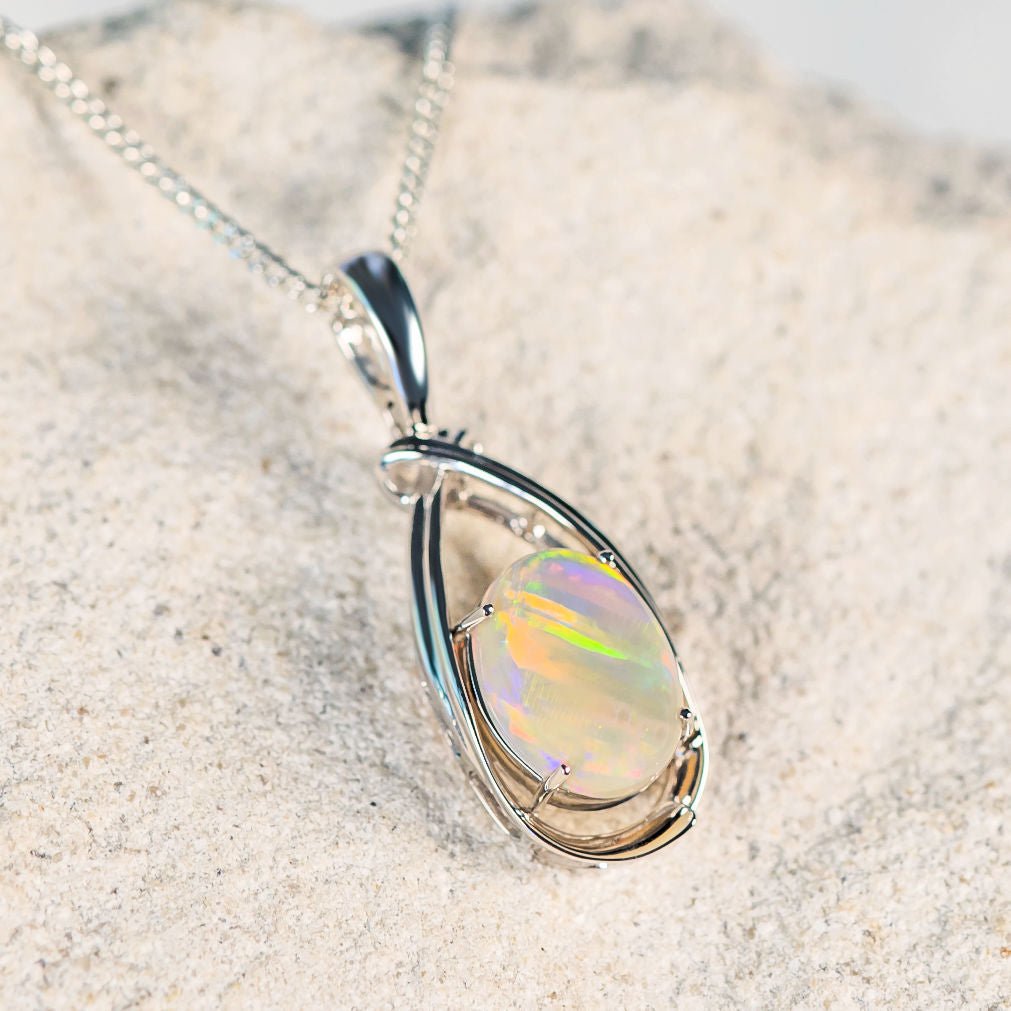 'Lila' White Gold Australian White Opal Necklace Pendant - Black Star Opal