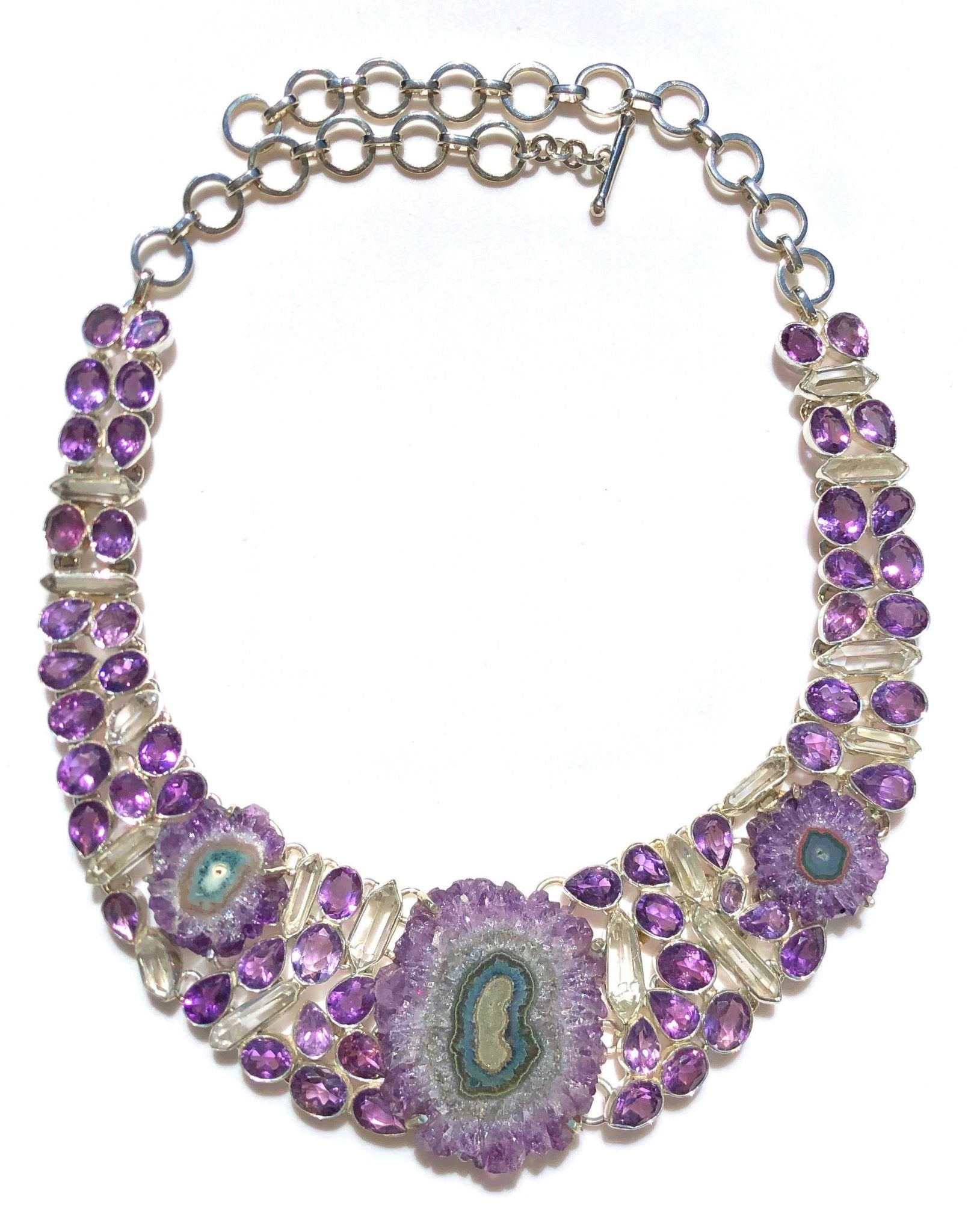 'Lilac Queen' Amethyst & Quartz Crystal Silver Necklace - Black Star Opal